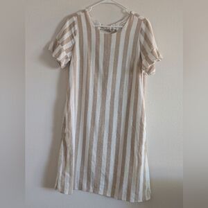 First Monday Anthropology Striped Tan and White Dress Women Sz Small Linen Blend